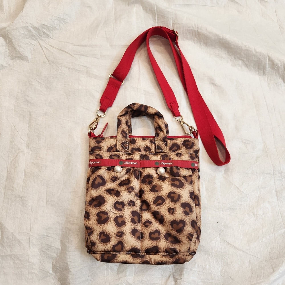 LeSportsac Atelier Small Helmet Bag Leopard Heart Print Mini Tote Purse Red
